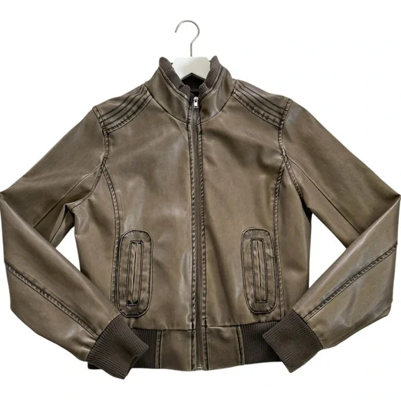 Blue Spice Womens Size Large Faux Leather Bomber Coat Jacket Full Zip Brown Tan - Picture 2 of 14